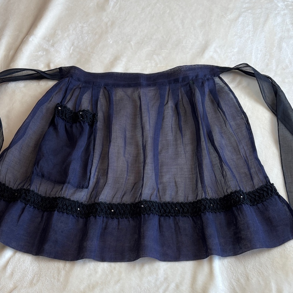 TRAD WIFE! Gorgeous Designer Vintage Elegant Navy Sheer Apron w/Rhinestones- HOT
